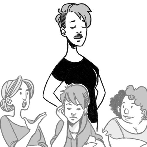 A black and white drawing of a person standing behind their past self, as they're unengaged in conversation.