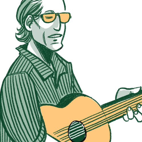 A green and yellow drawing of swedish singer-songwriter Björn Afzelius.