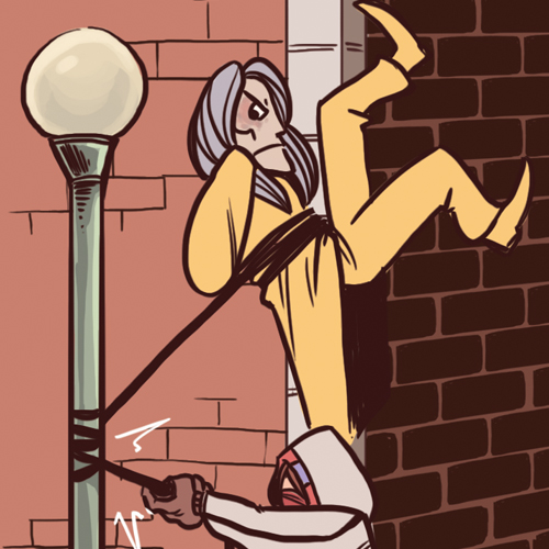 A color drawing of a superhero villain floating off into space. He is tethered to a lamp post by the hero: Airmale! 