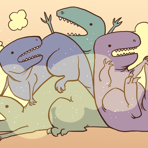 A colorful drawing of a heap of pastel dinosaurs tumbling over each other.