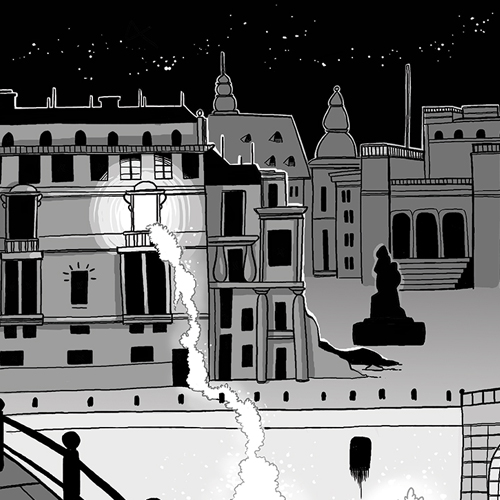 A greyscale drawing of a dilapidated building, lush vegetation spilling out of the broken window.