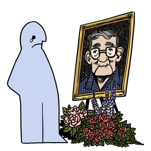 A drawing of the IKEA man crying at Ingvar Kamprad's funeral.