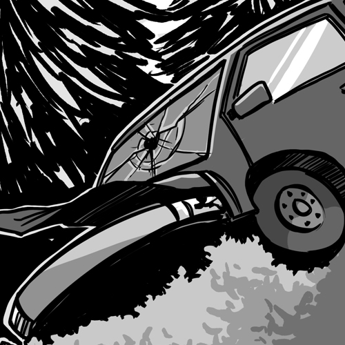 A greyscale drawing of a car crashed in the woods. The hood is up, the windshield smashed.
