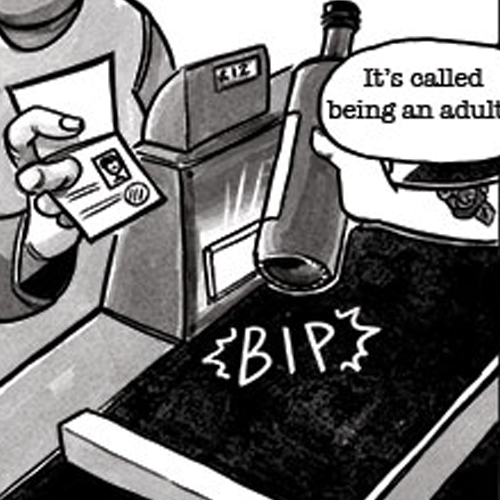 A black and white drawing of a conveyor belt at a liquor store. A bottle of wine is being purchased.