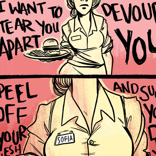 Two comic panels of a waitress with big tits approaching the viewer. She's carrying a plate with burger and fries.