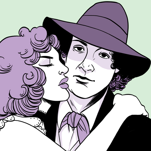 A purple and green illustration of Madeline Kahn and Gene Wilder
