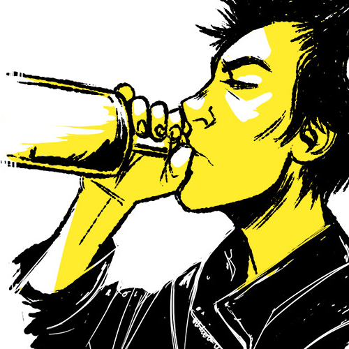 A black, white and yellow drawing of Sid Vicious drinking from a bottle.