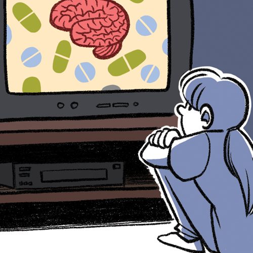 A drawing of a child sitting in front of a CRT television. There's a brain and colorful pills on the screen. 