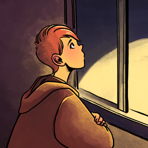 A person with short red hair wearing a big hoodie is sitting by the window, looking out into the winter night.