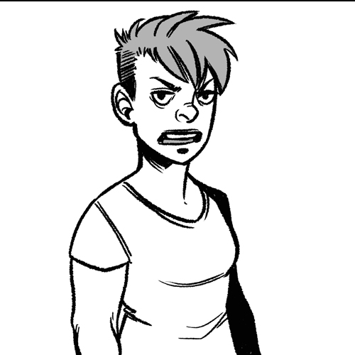 A black and white drawing of a young woman with short hair, being angry.